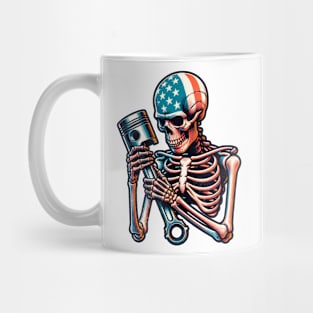 USA Patriotic Skeleton Piston Rod Garage Cars Racing American Flag 4th of July Independence Day Mug